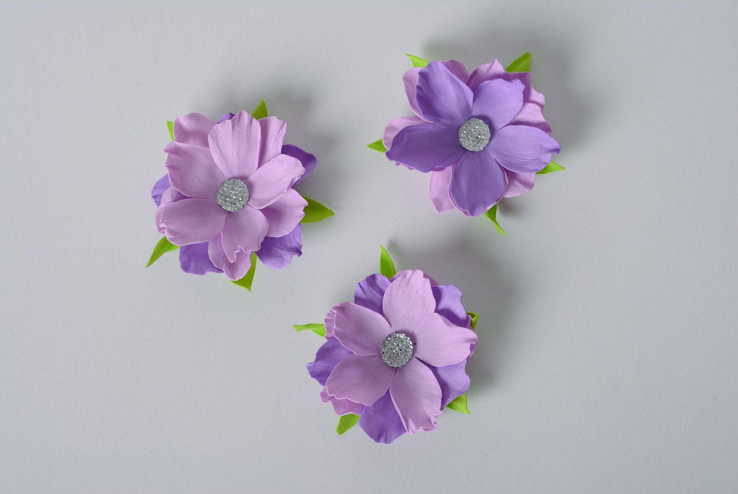 Handmade beautiful foamiran flowers set of 3 pieces with rhinestones of purple color for decor photo 4