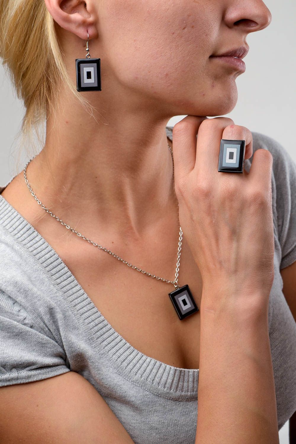 Set of handmade jewelry polymer clay jewelry designer earrings plastic ring  photo 2