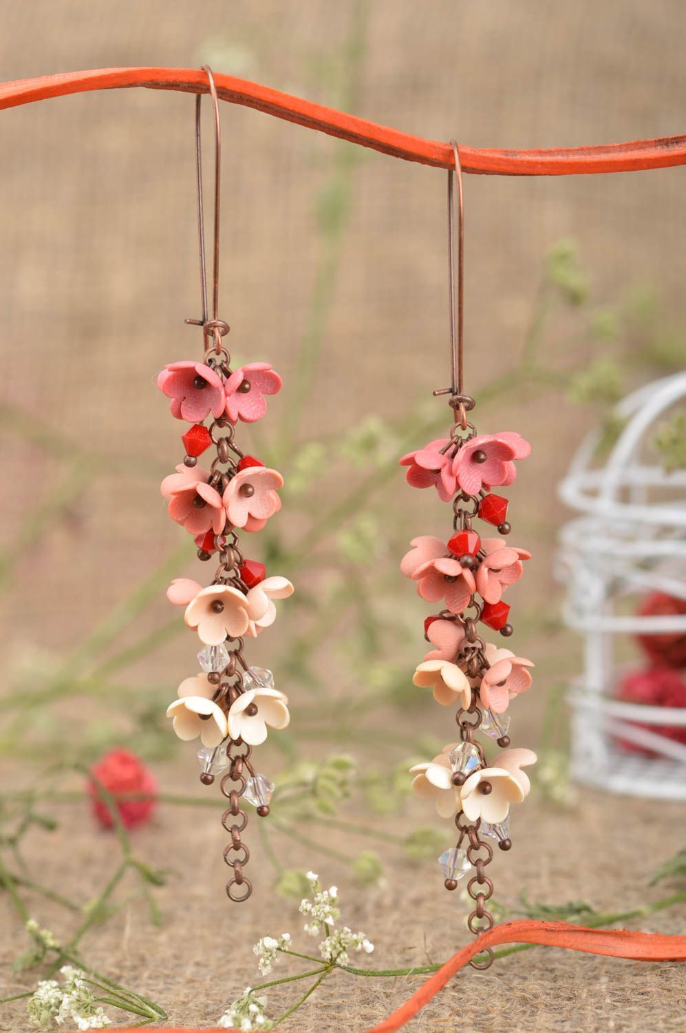 Handmade lange Ohrhänger Polymer Clay Schmuck Ohrringe für Damen mit Blumen foto 1