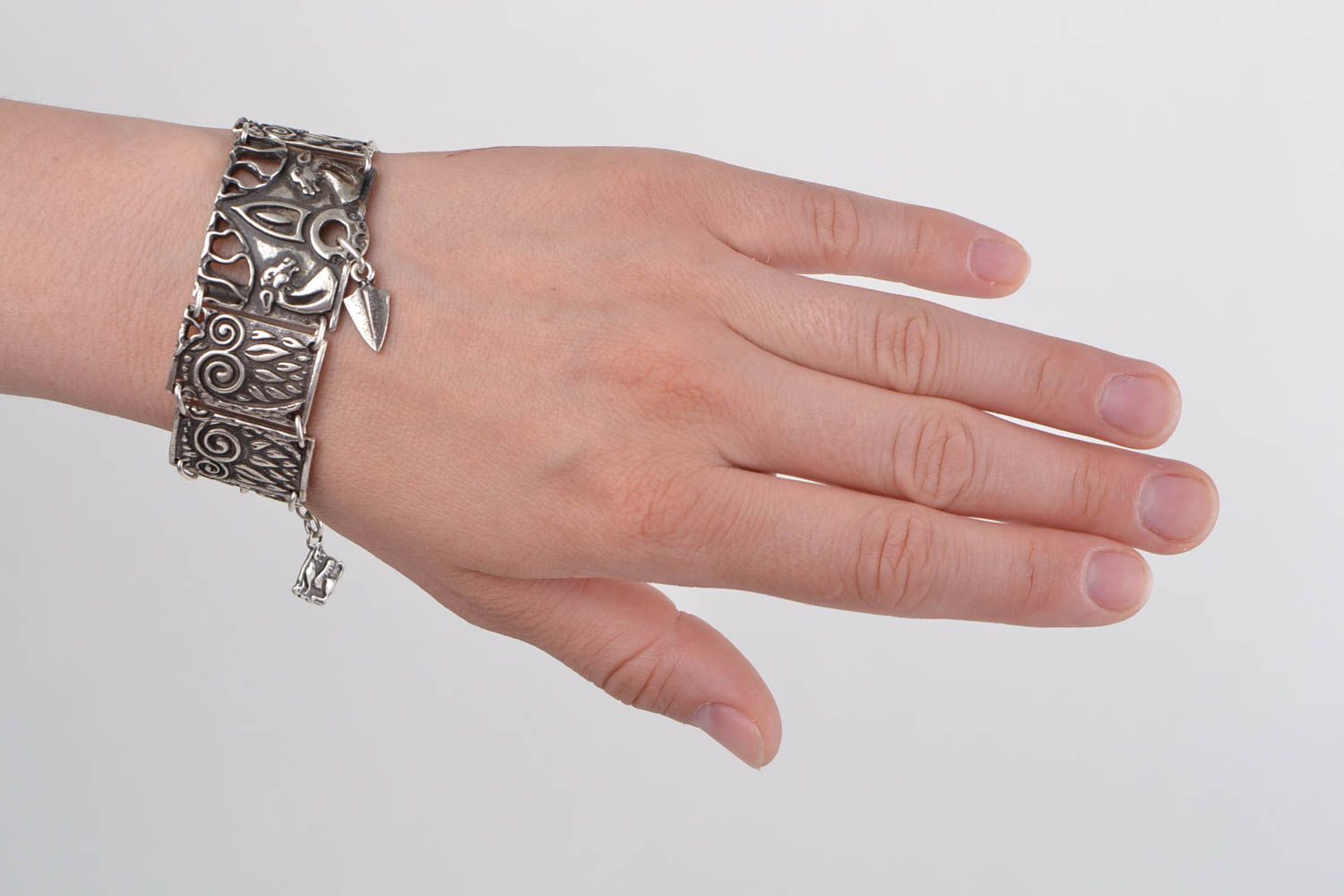 Handmade designer metal wide wrist bracelet with charms hypoallergenic photo 1
