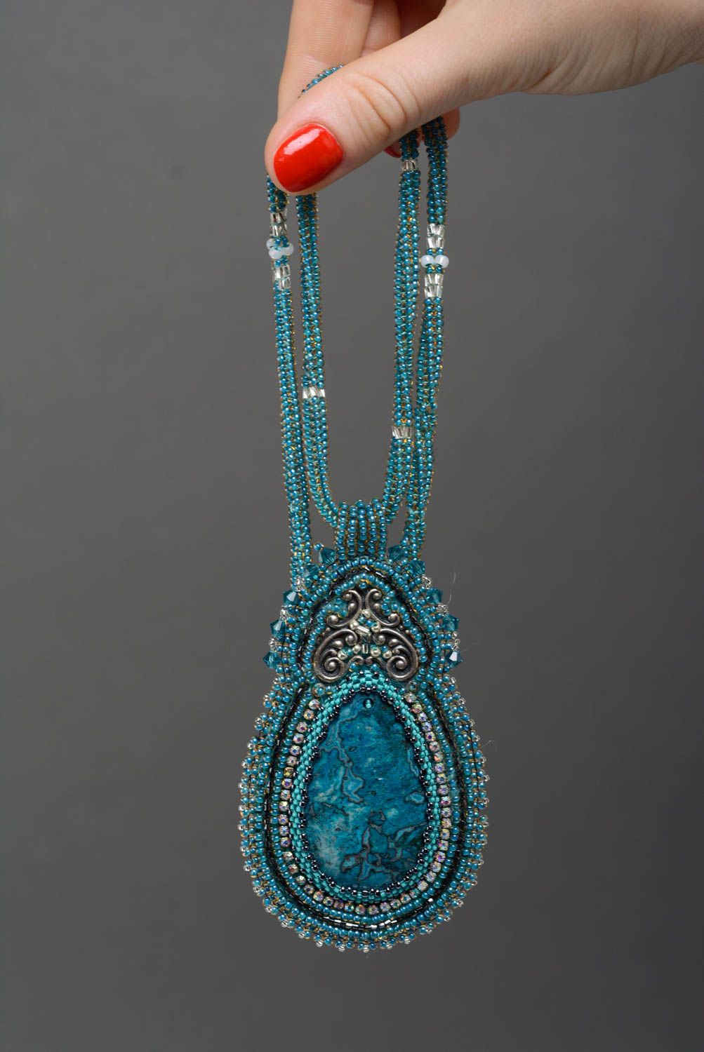 Large designer pendant with natural stone and beads handmade blue accessory photo 4