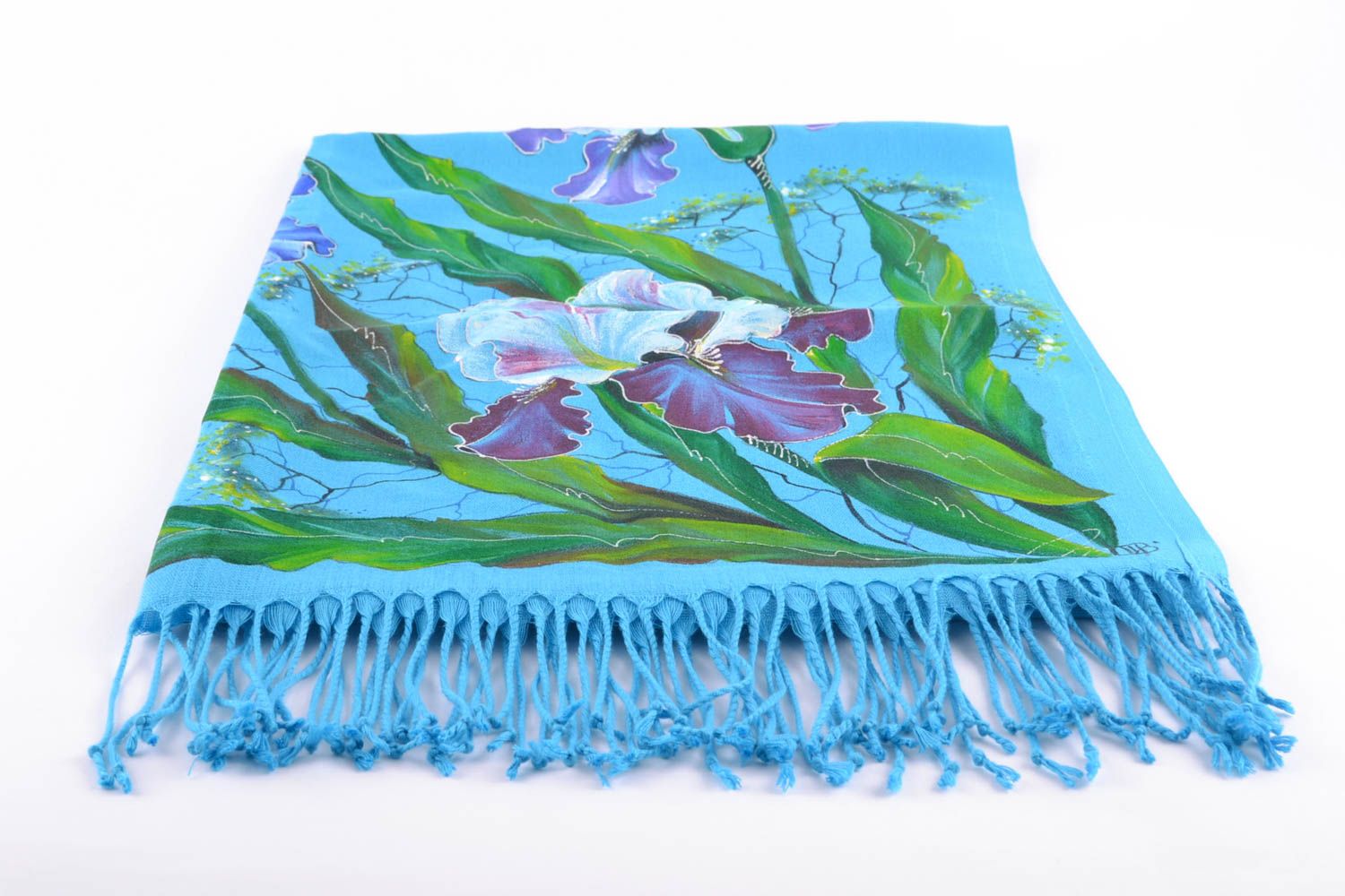 Красивый шарф с росписью в голубой цветовой гамме  фото 2