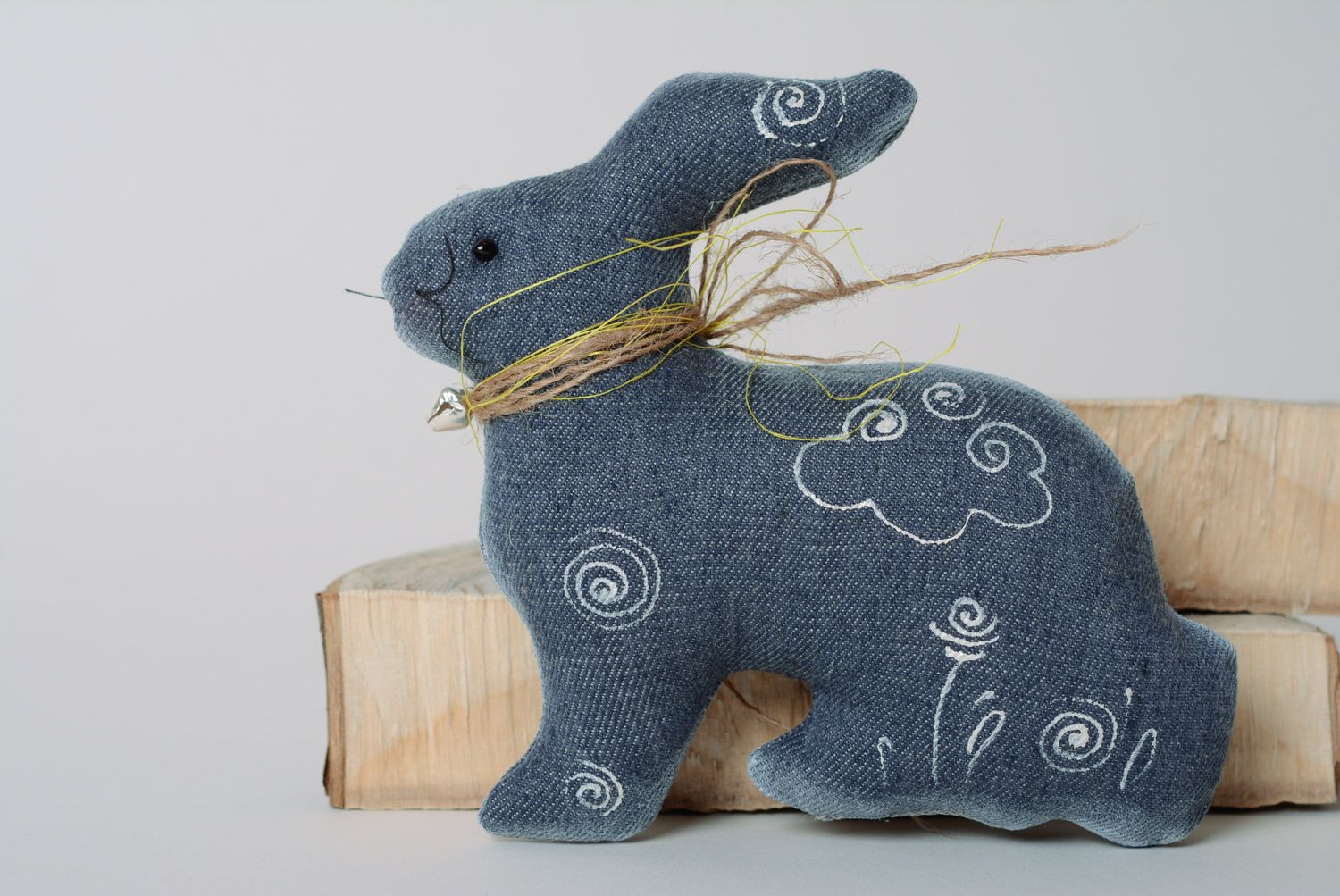 Handmade soft toy sewn of dark blue denim and painted with acrylics Rabbit photo 1
