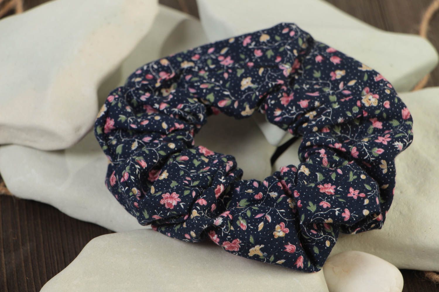 Handmade laconic designer fabric hair band with pink flowers on dark background photo 1