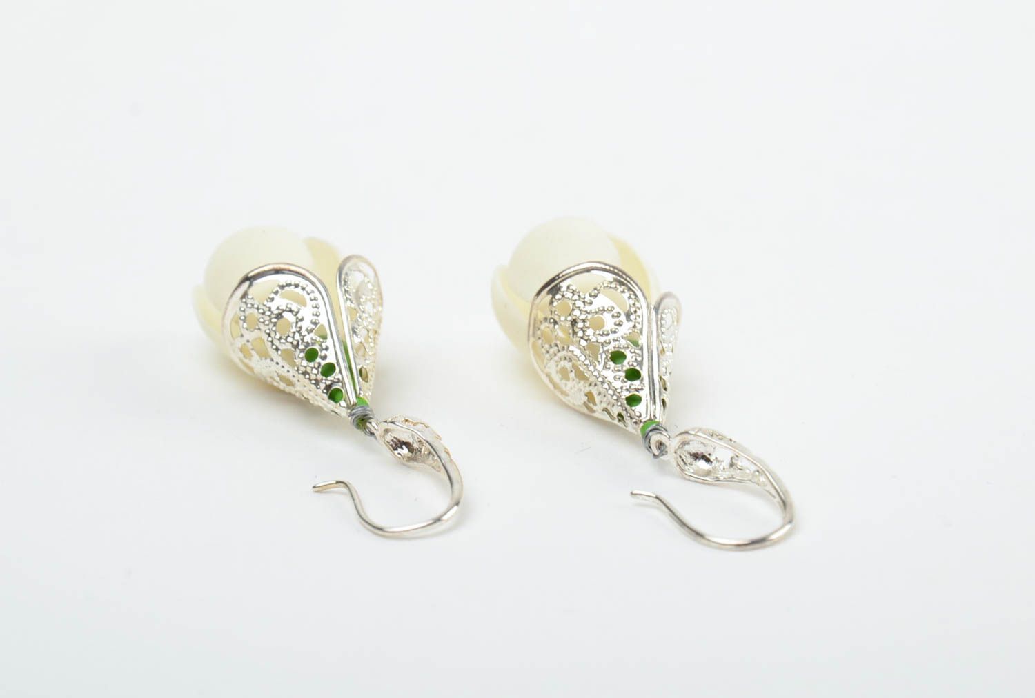 Handmade tender dangling earrings with white cold porcelain snowdrop flowers photo 5