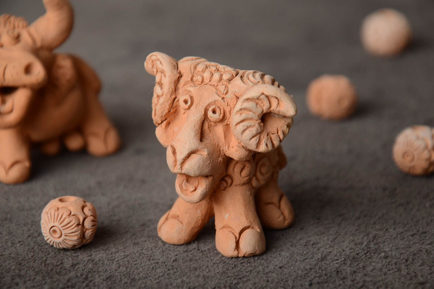 Small miniature ceramic handmade figurine of lamb molded of pottery clay photo 1