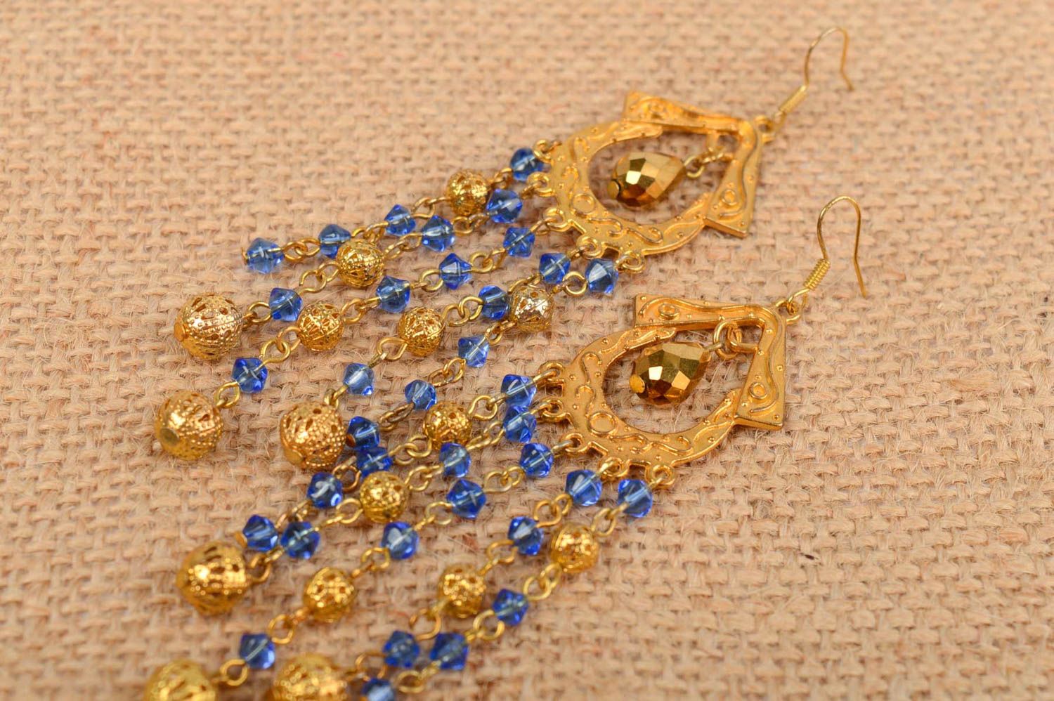 Handmade blue and golden long dangle earrings with Czech crystal in Orient style photo 1
