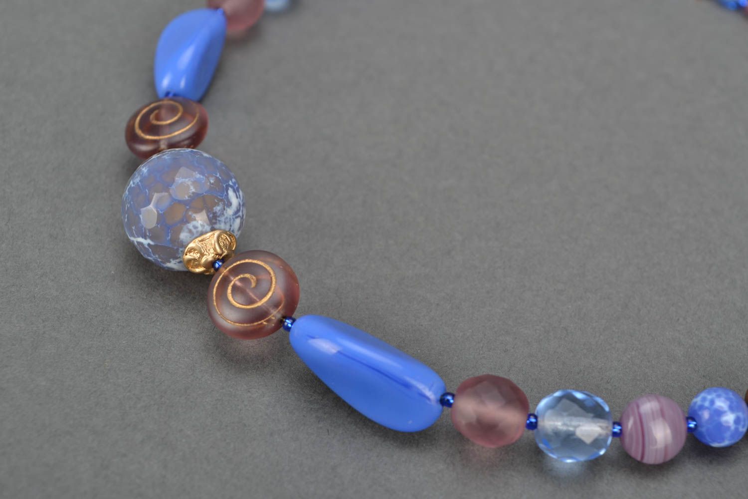 Unusual handmade designer necklace with natural stone and glass beads Provence photo 3