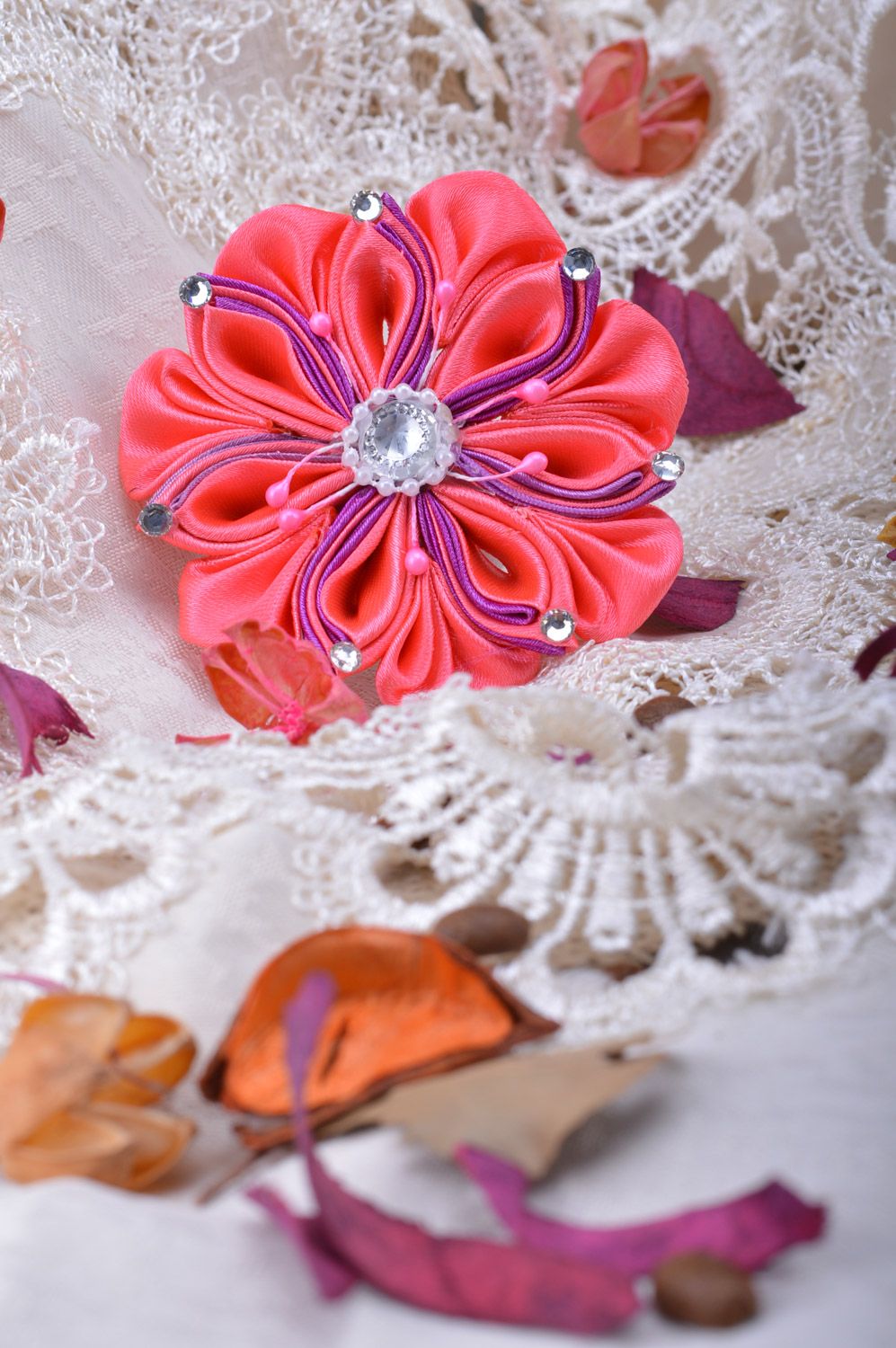 Handmade bright pink hair tie with satin ribbon kanzashi flowers with rhinestones photo 1