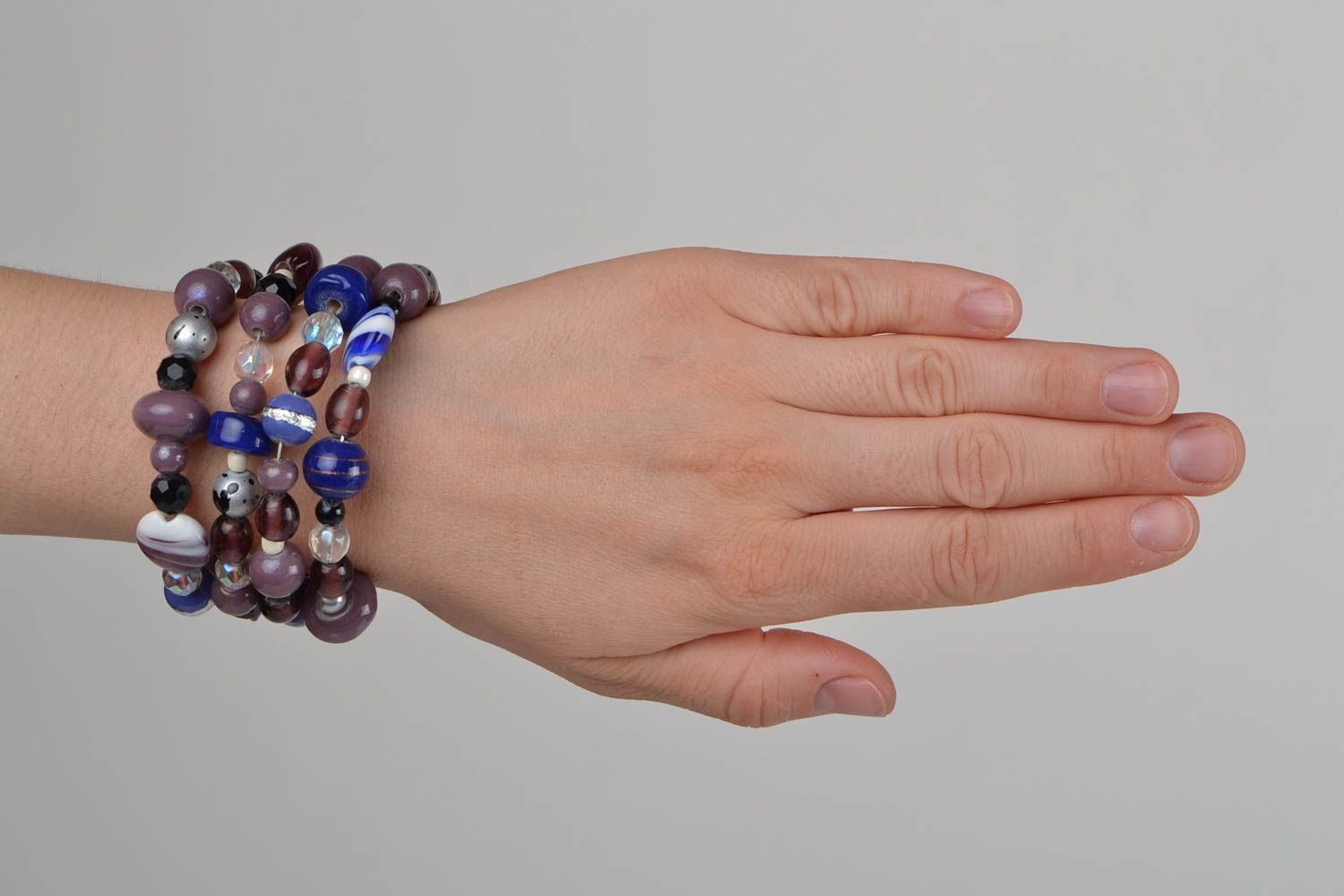 Handmade multi row wrist bracelet with glass beads in blue and violet colors photo 2