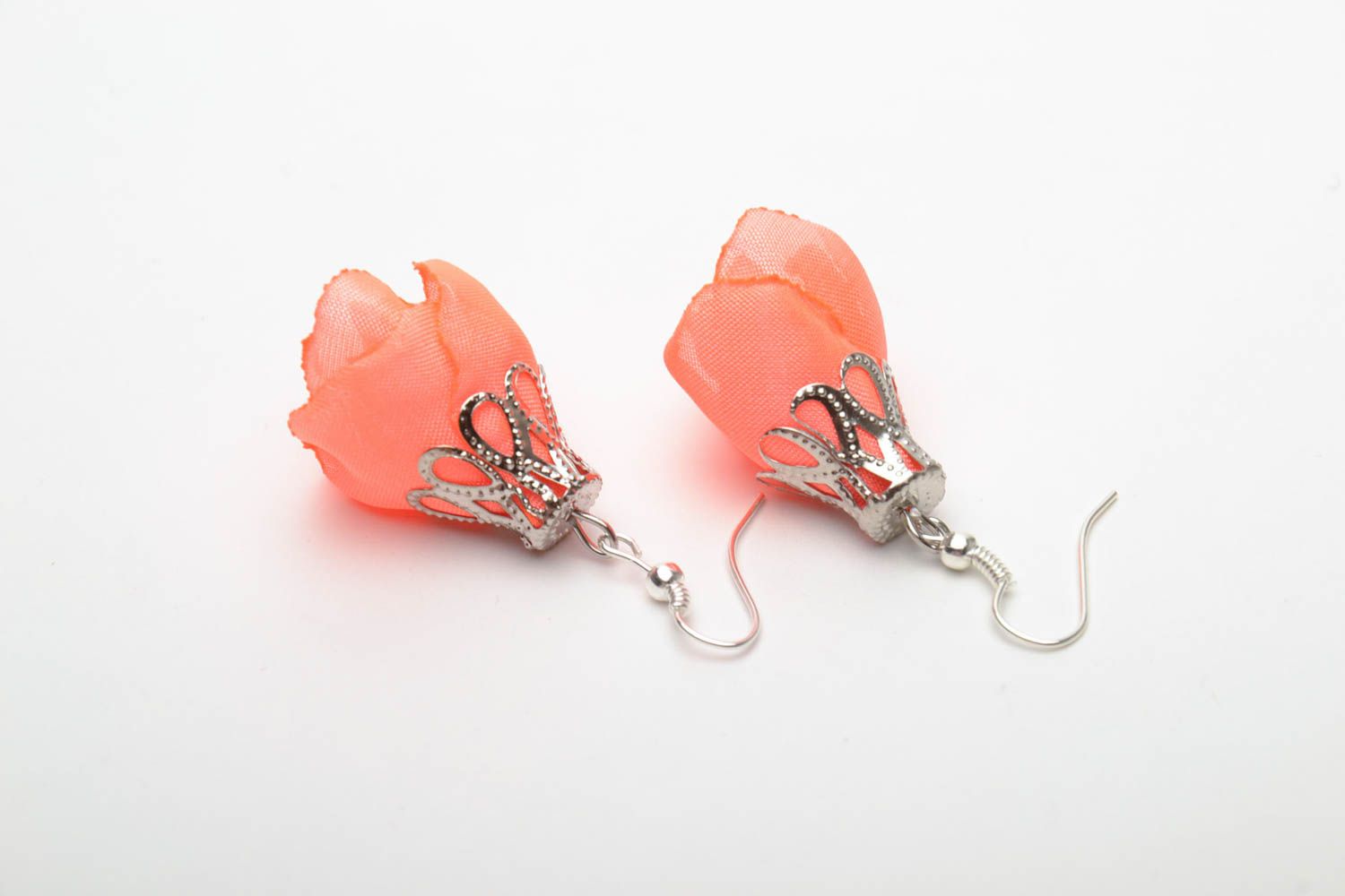 Satin ribbon flower earrings Coral photo 5