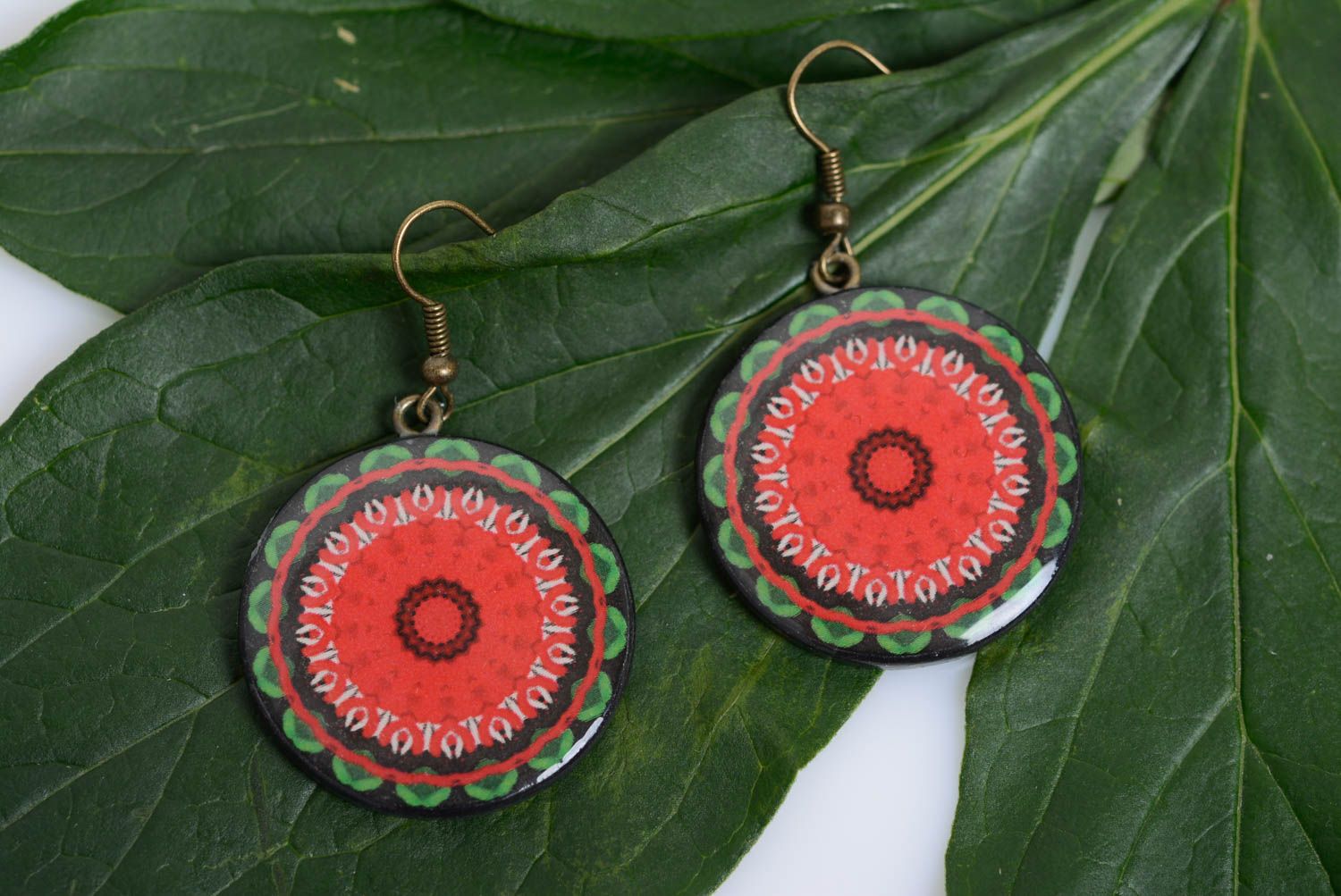 Red round handmade polymer clay earrings decorated with decoupage photo 2