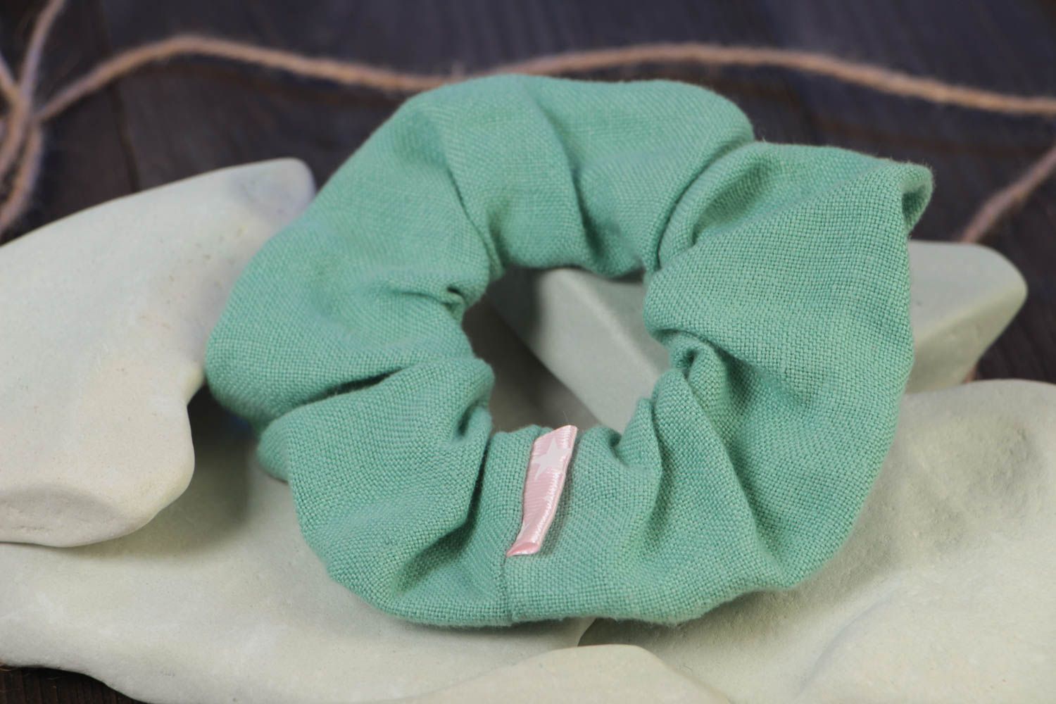 Unusual textile handmade linen fabric hair tie of mint color photo 1