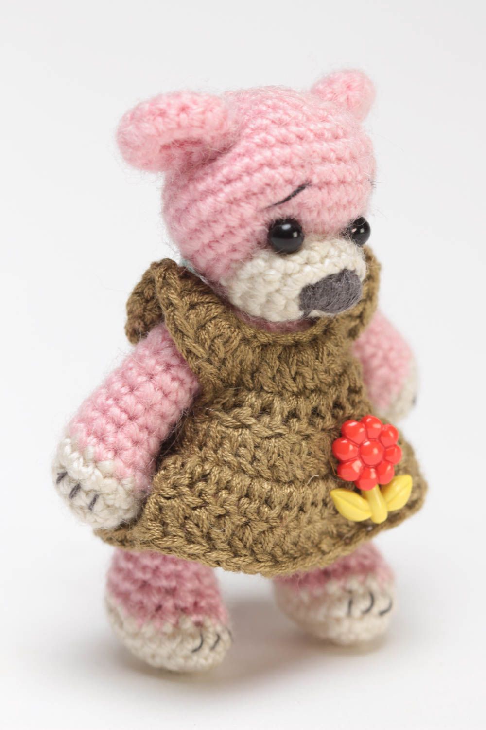 Beautiful homemade design crochet soft toy bear in brown dress  photo 2