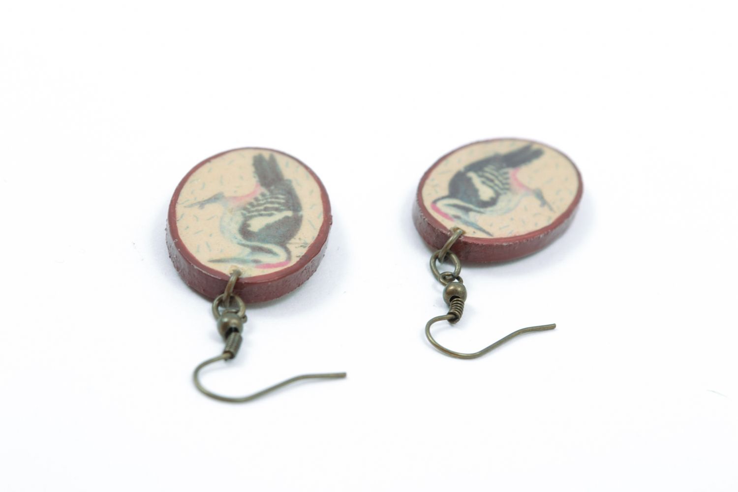 Boucles d'oreilles en bois ovales décorées d'image en serviettage faites main photo 4