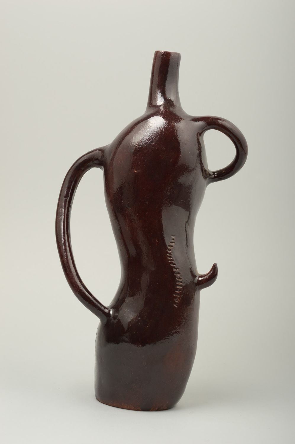 Глиняная бутылка посуда ручной работы керамическая бутылка коричневая с блеском фото 4
