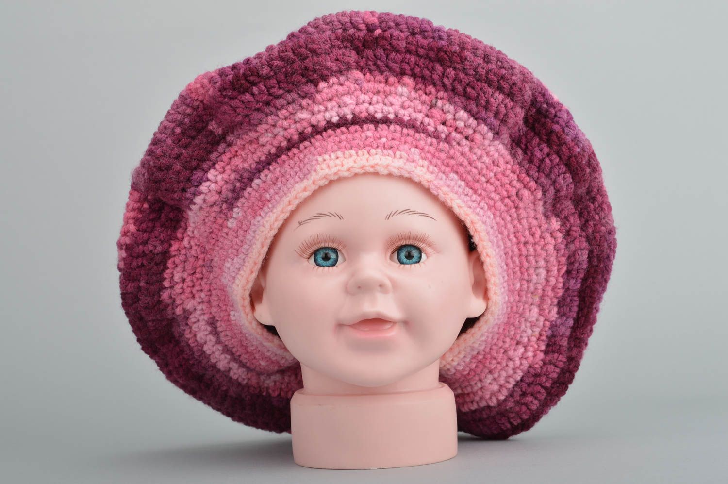Crocheted handmade baby beret with pompon pink warm stylish hat for girls photo 3