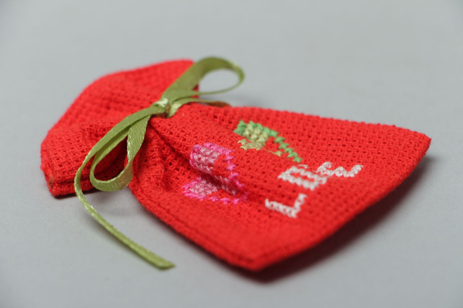 Handmade gift bag sewn of cross stitch canvas Love photo 2