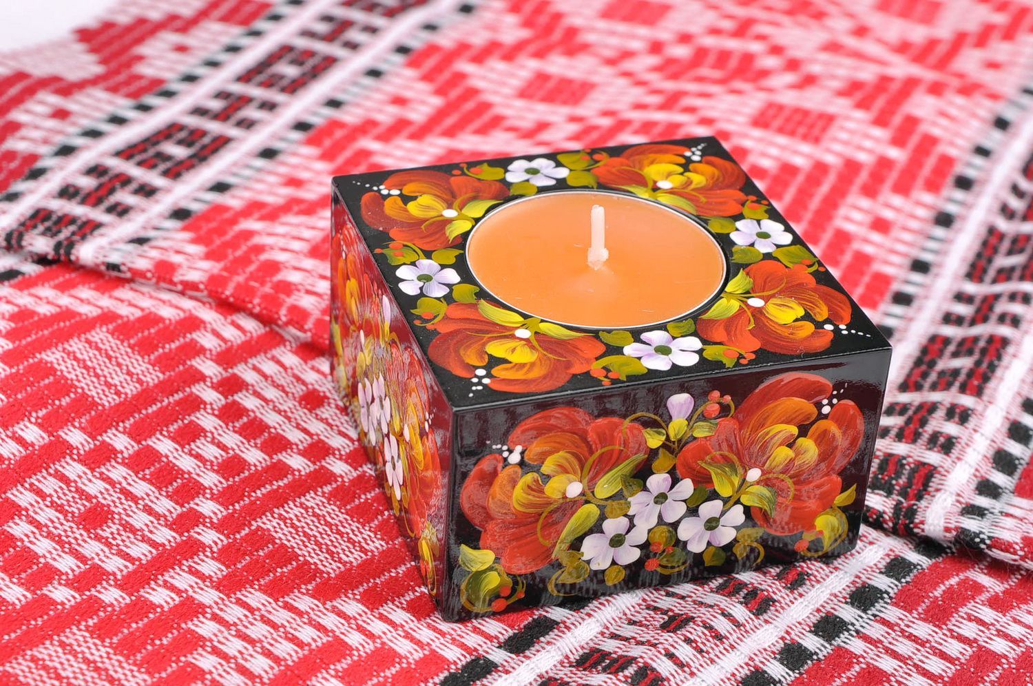 Wooden square candlestick Peonies photo 3