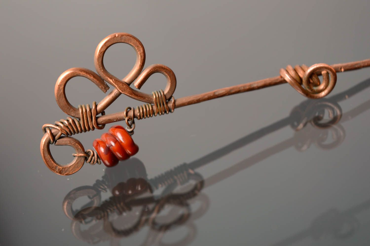 Copper brooch with lampwork beads photo 4