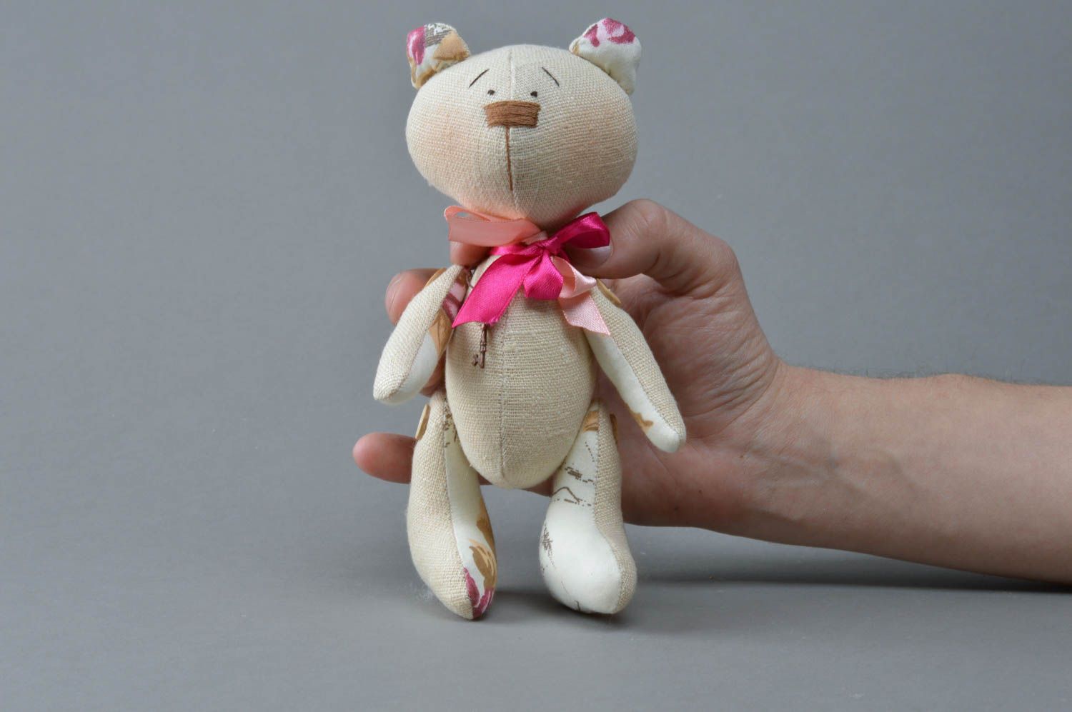 Handmade designer soft toy sewn of satin and linen fabrics Bear with pink bow photo 4