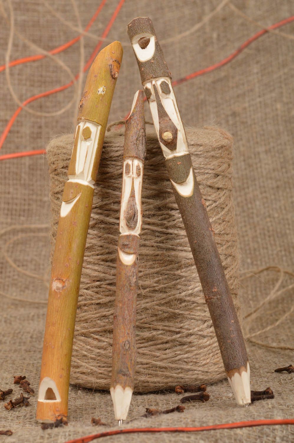 Holz Kugelschreiber Set 3 Stück mit Lippenpfeifen ethnisch handgeschnitzt schön foto 1
