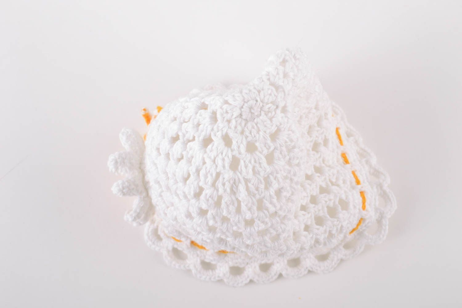 Handmade white lacy hat crocheted of cotton threads with chamomile for baby girl photo 5