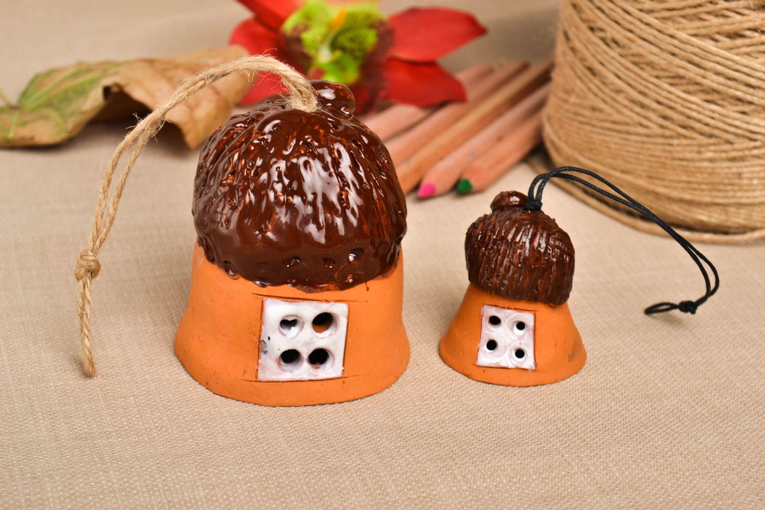 Unusual handmade ceramic bell 2 pieces clay craft gift ideas decorative use only photo 1