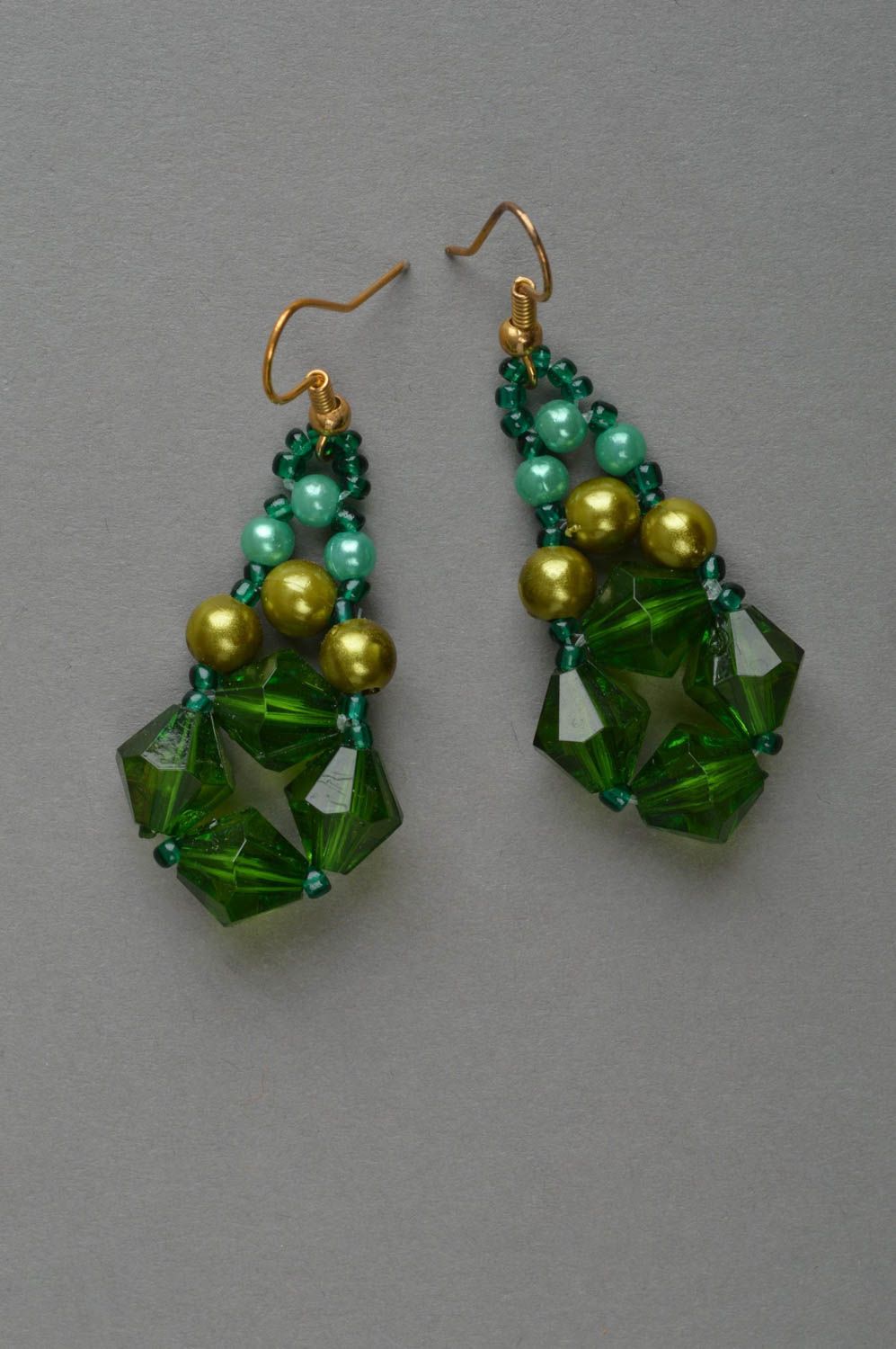 Handmade green drop earrings unique beaded jewelry present for girlfriend photo 2