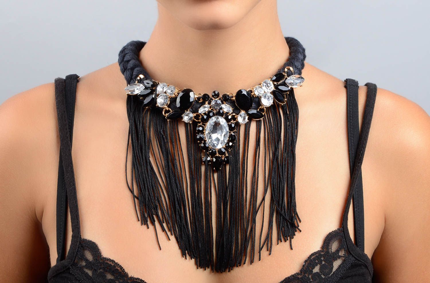 Handgemachter Schmuck Modeschmuck Collier Stoff Halskette festlich schwarz foto 5