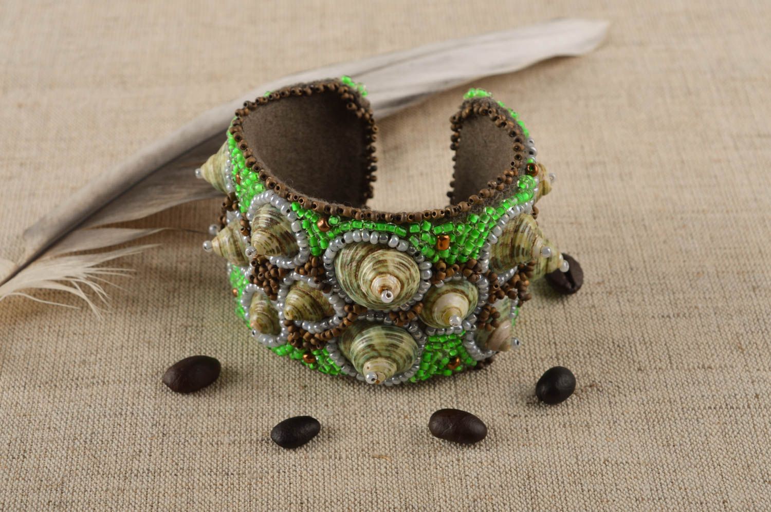 Cuff handmade beaded bracelet costume jewelry in light green and golden colors for women photo 1