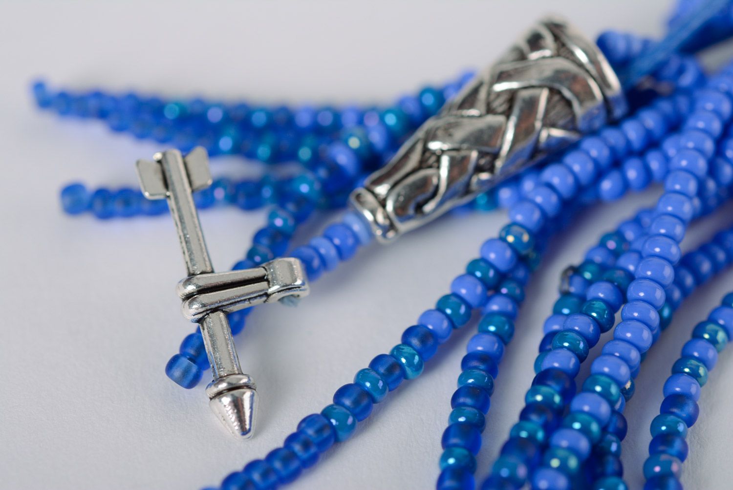 Bright stylish handmade beaded pendant of blue color for women photo 5