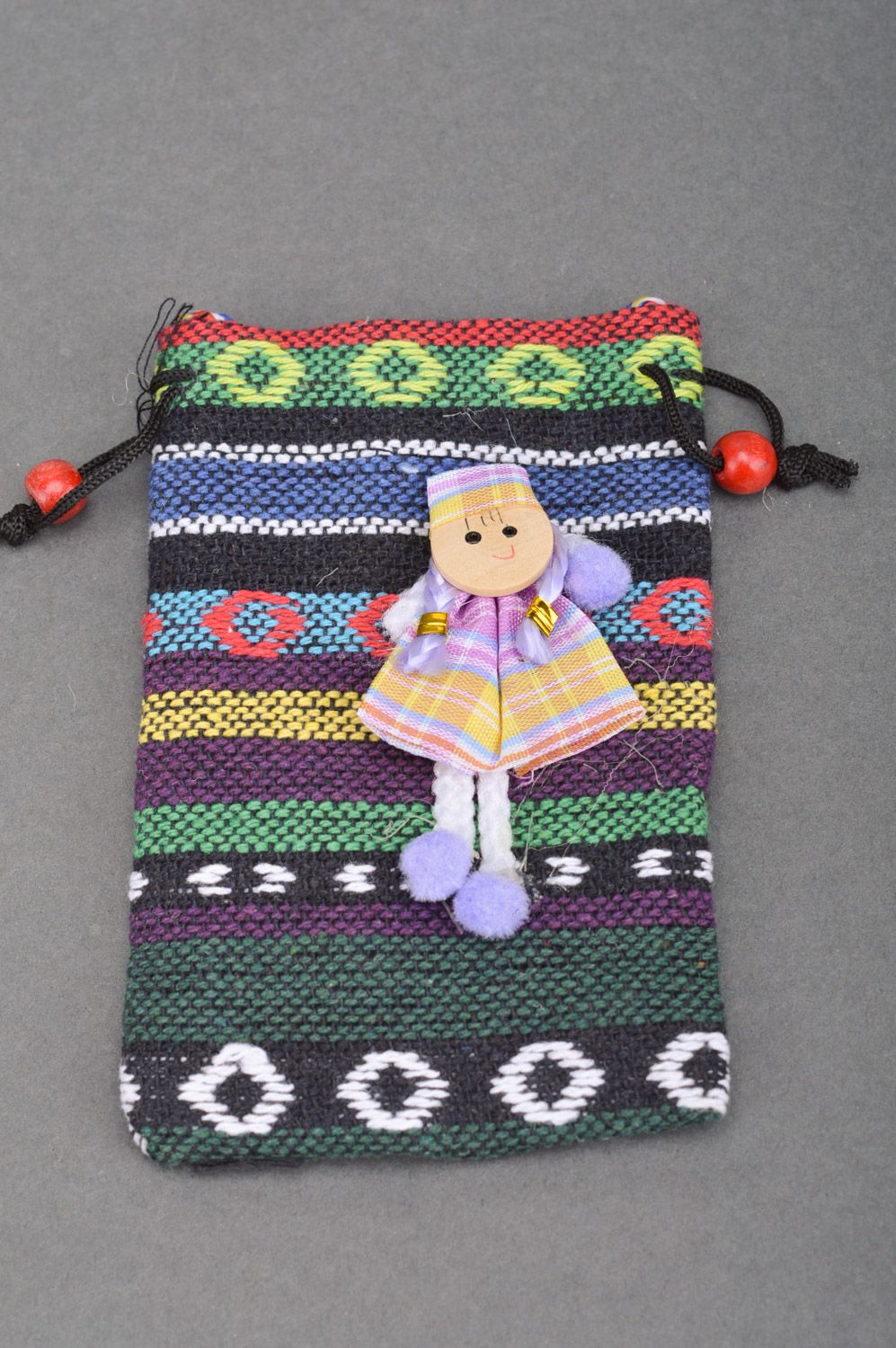 Bunte gestreifte Handytasche aus Stoff handmade mit Puppe für Mädchen foto 2