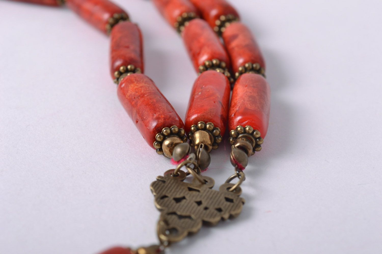 Long handmade gemstone bead necklace of red color with coral and brass photo 4