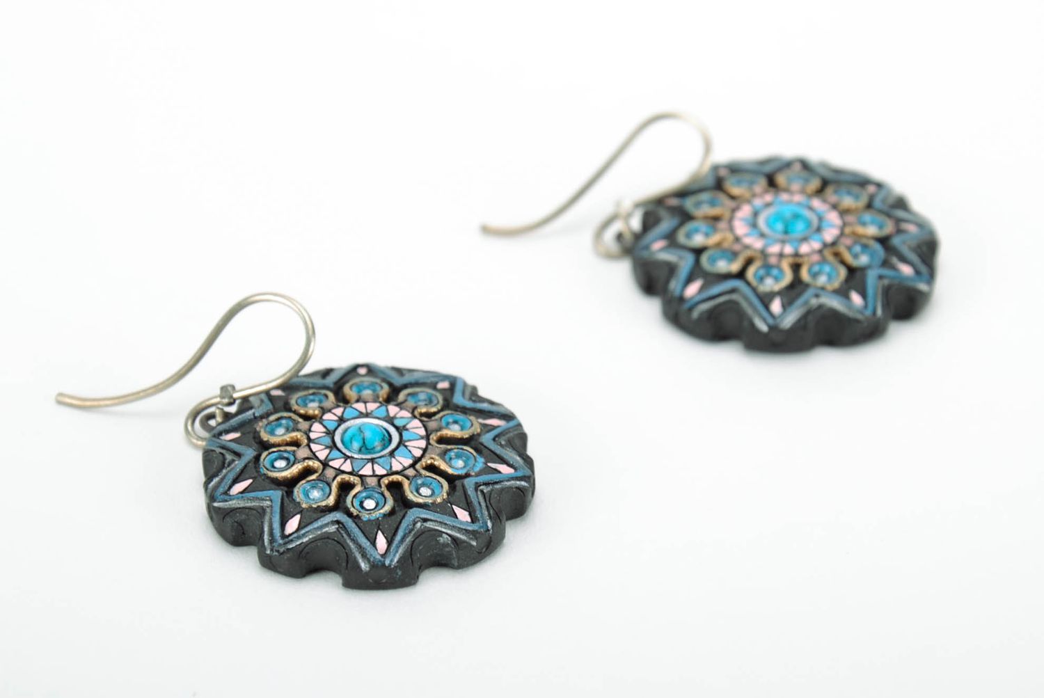 Blue earrings made of black smoke ceramics photo 1