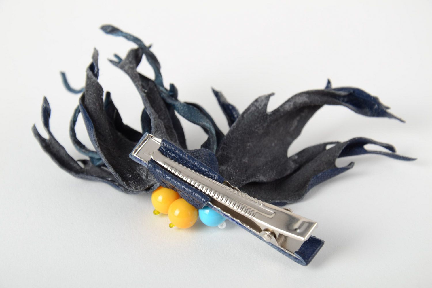 Handmade designer genuine leather volume black flower hair clip with beads  photo 5