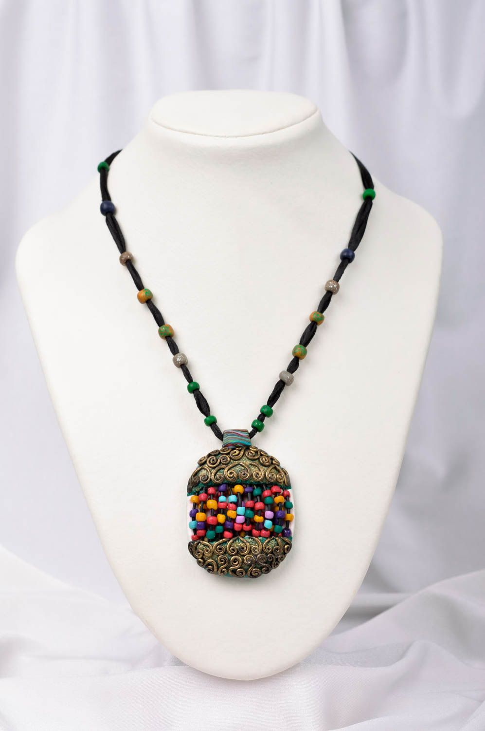 Handmade female necklace unusual clay pendant designer accessory gift photo 1
