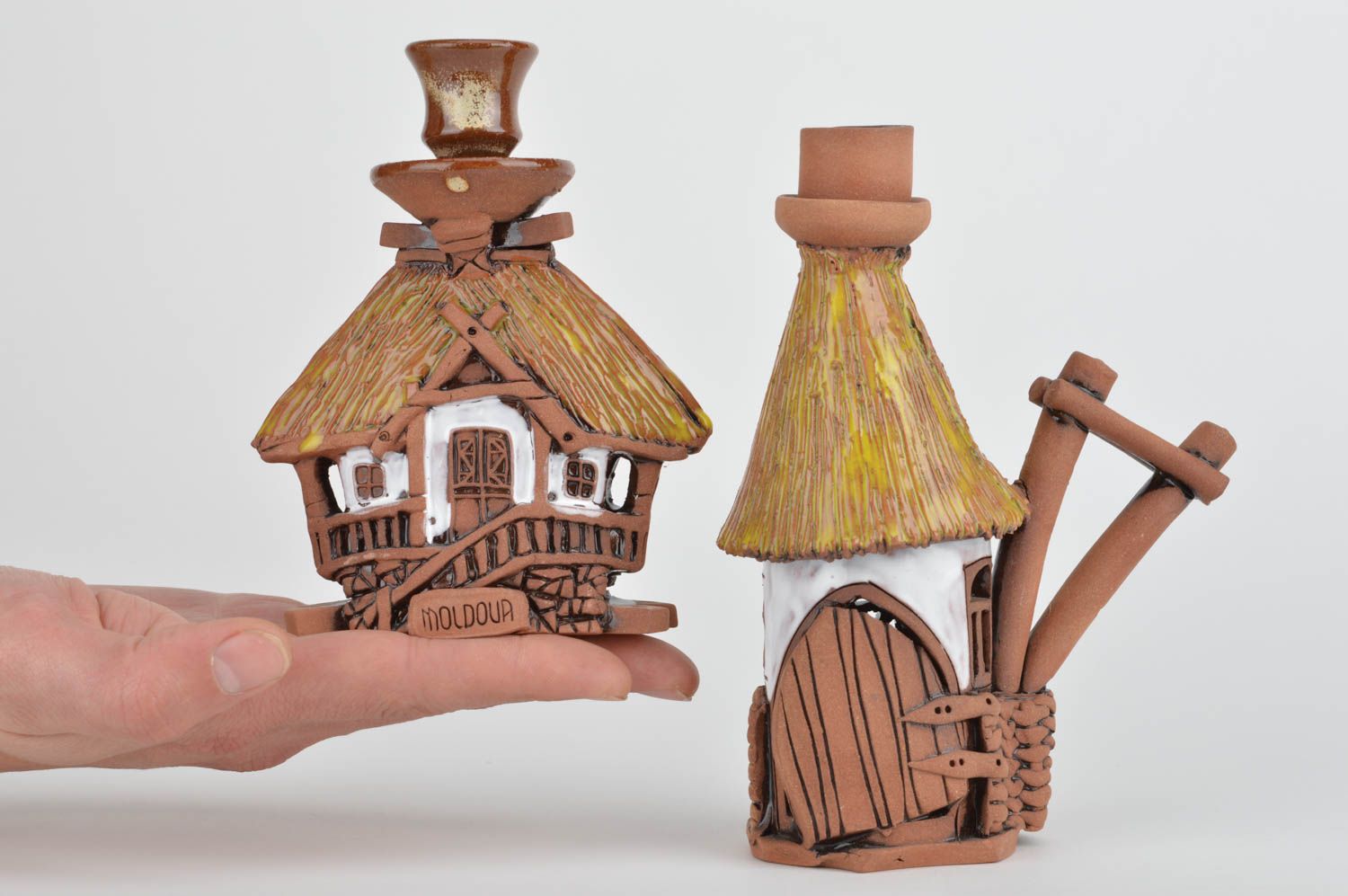 Bougeoirs en argile faits main décoratifs en forme de maisons 2 pièces photo 3