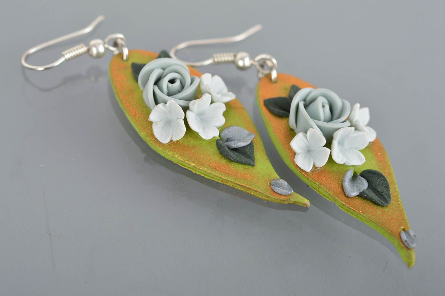 Designer earrings with flowers made of polymer clay handmade molded accessory photo 2