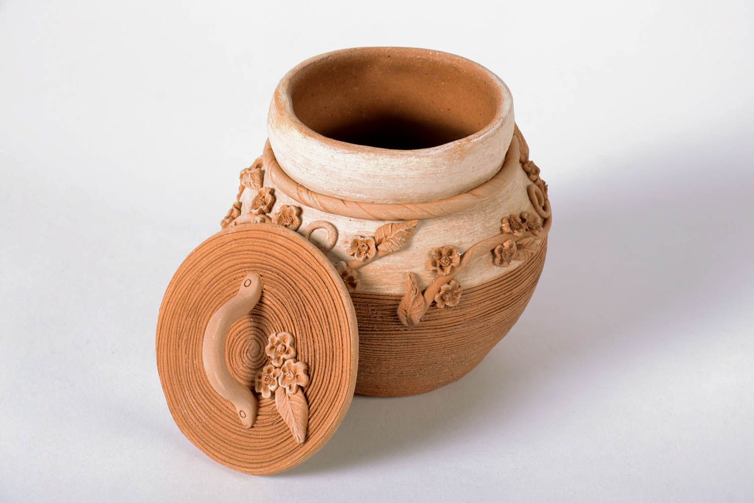 Pote de argila feito à mão com tampa louça de cerâmica decorativa artesanal foto 3