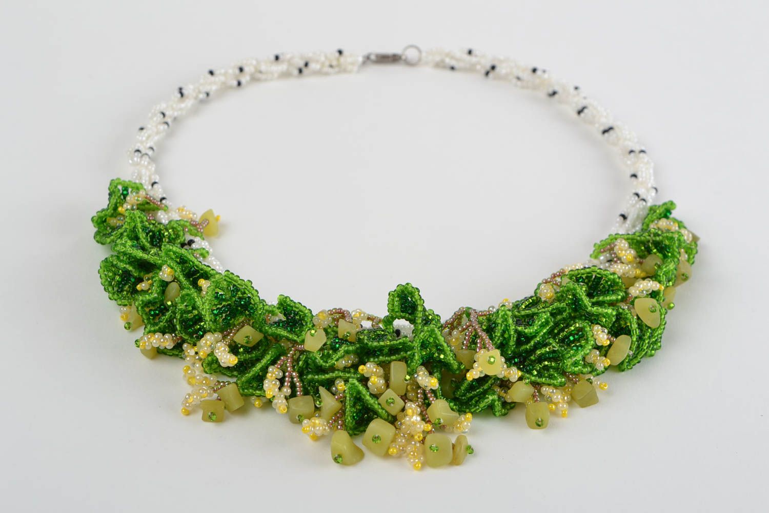 Handmade bright designer volume beaded necklace with natural stone Birch photo 2