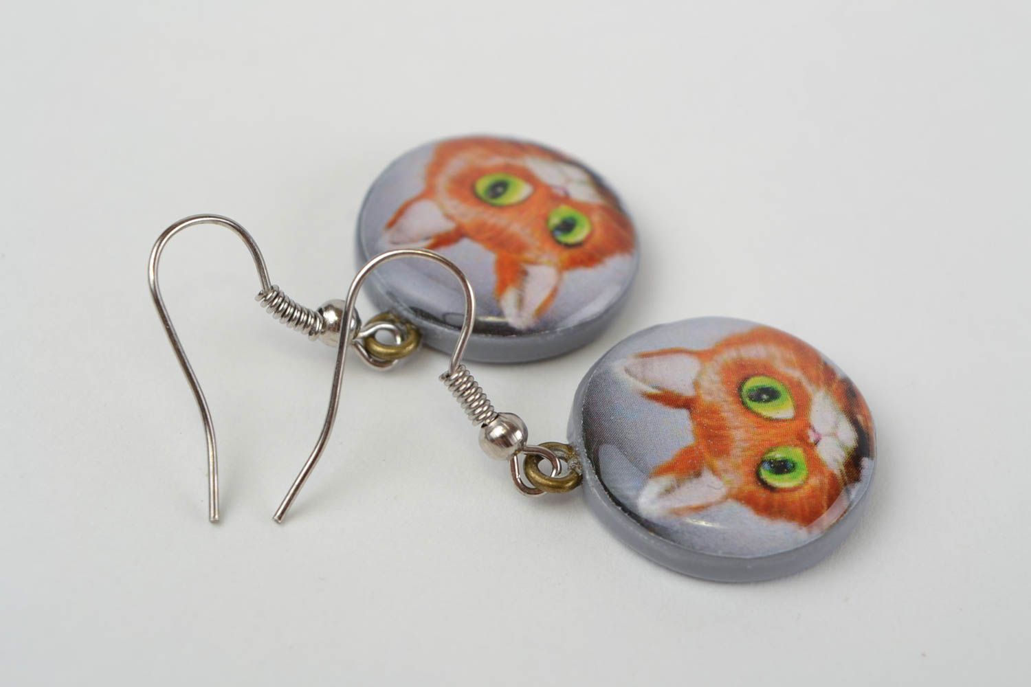 Handmade designer funny round polymer clay decoupage earrings with red cats photo 5