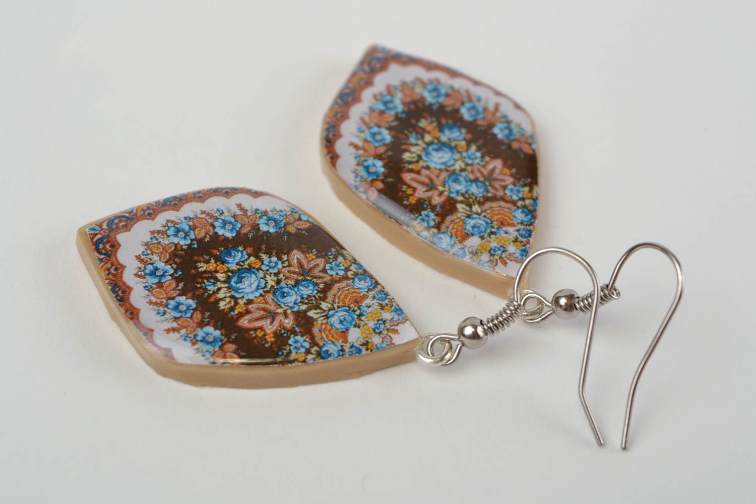 Handmade stylish polymer clay oval earrings with decoupage Landscape photo 4