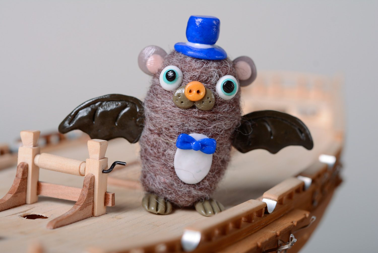 Homemade felted wool miniature pocket toy bat photo 1