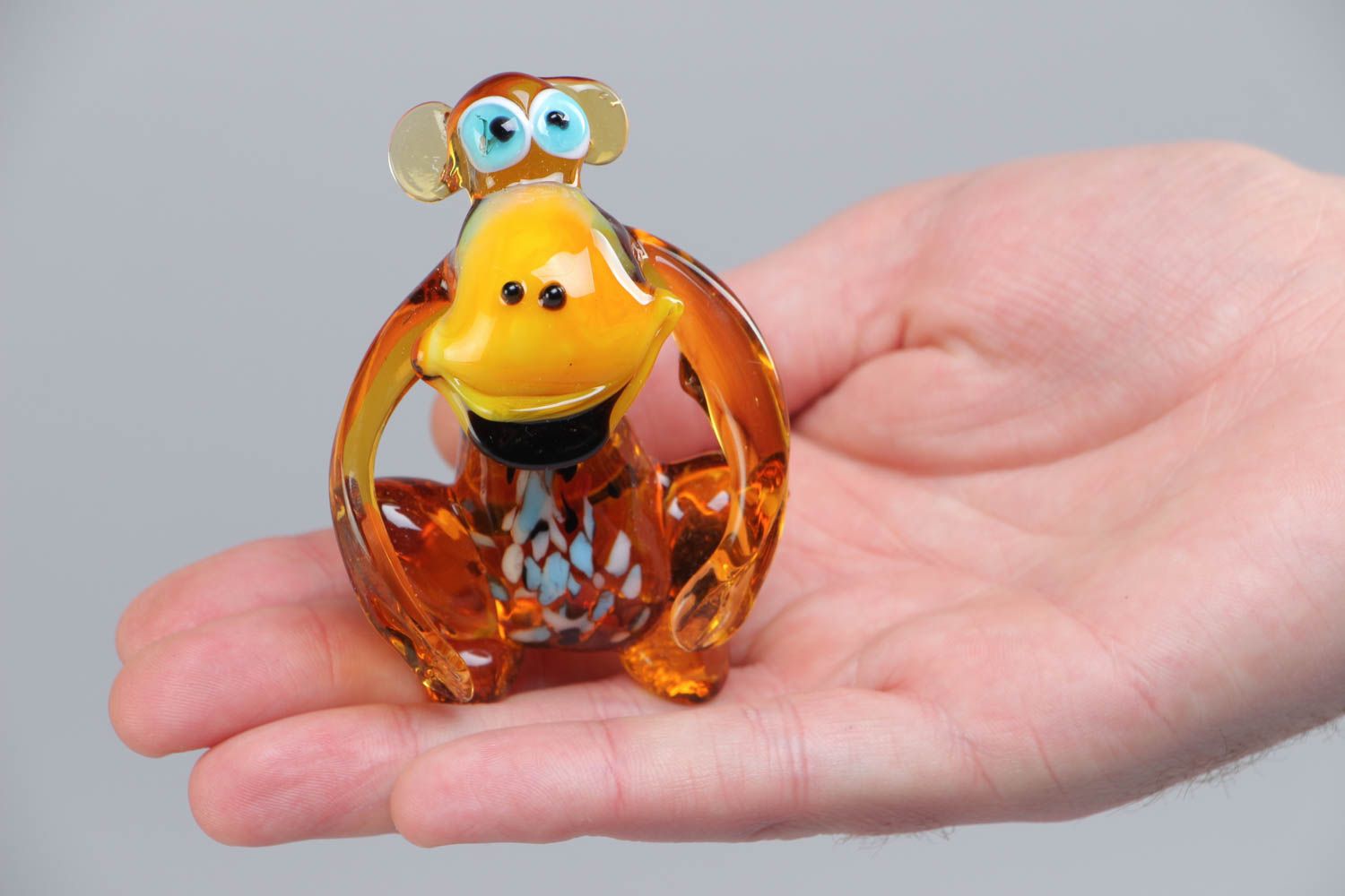 Handmade collectible lampwork glass miniature animal figurine of yellow monkey photo 5