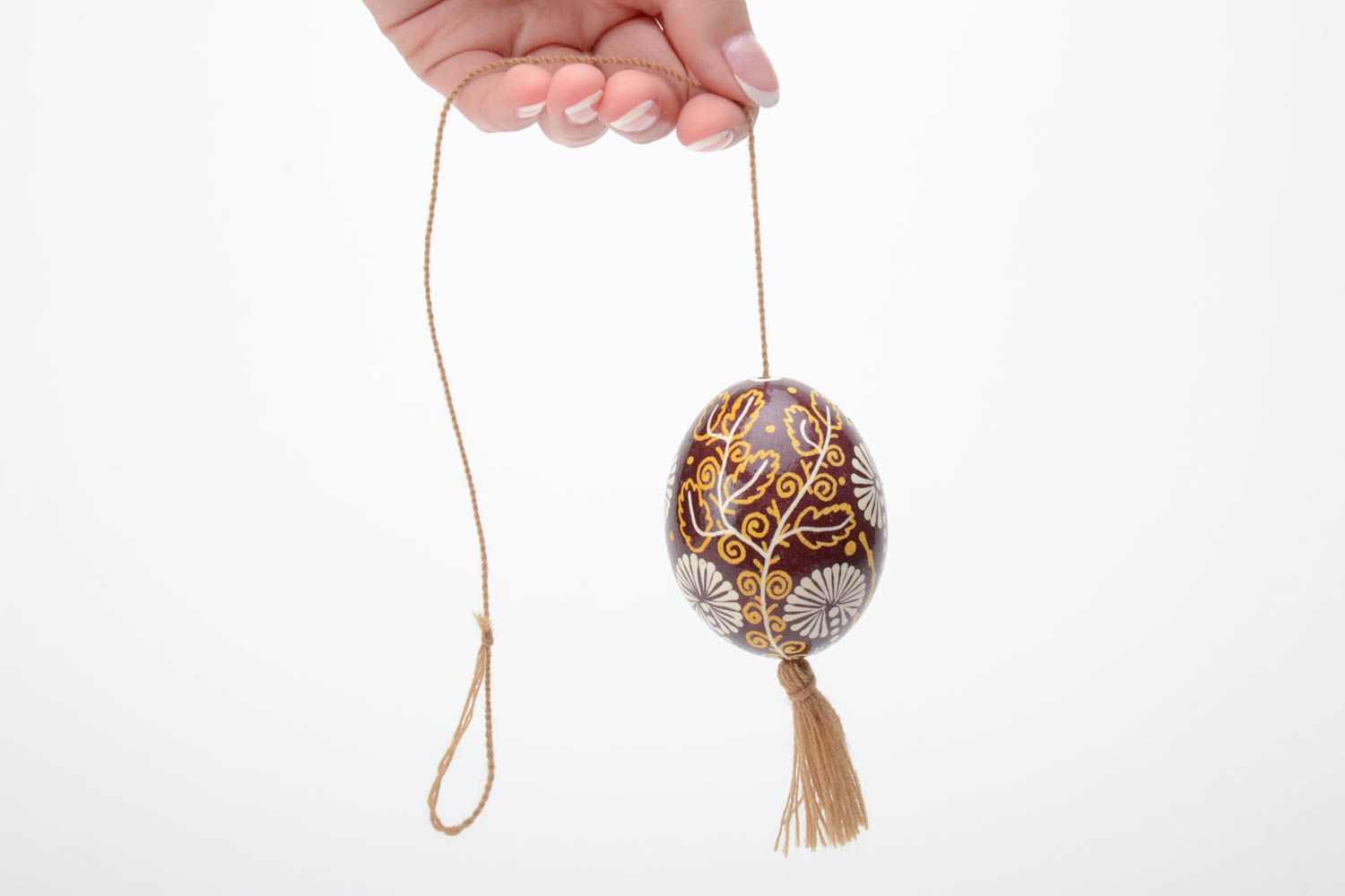 Handmade decorative wall hanging brown and beige painted Easter egg with tassel photo 5