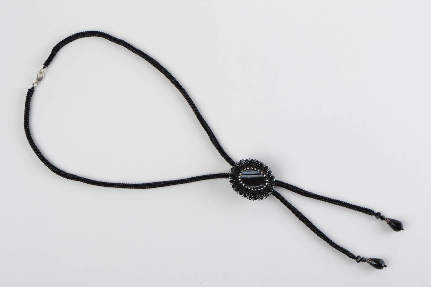 Long collier lariat en perles de rocaille noir avec cabochon ovale fait main photo 3