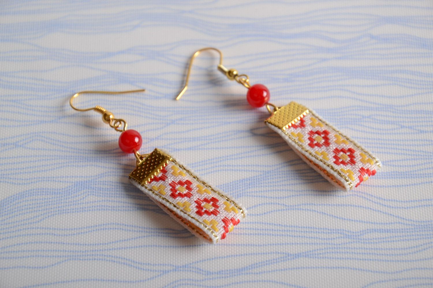 Handmade earrings with charms in ethnic style with bright beads for women photo 1