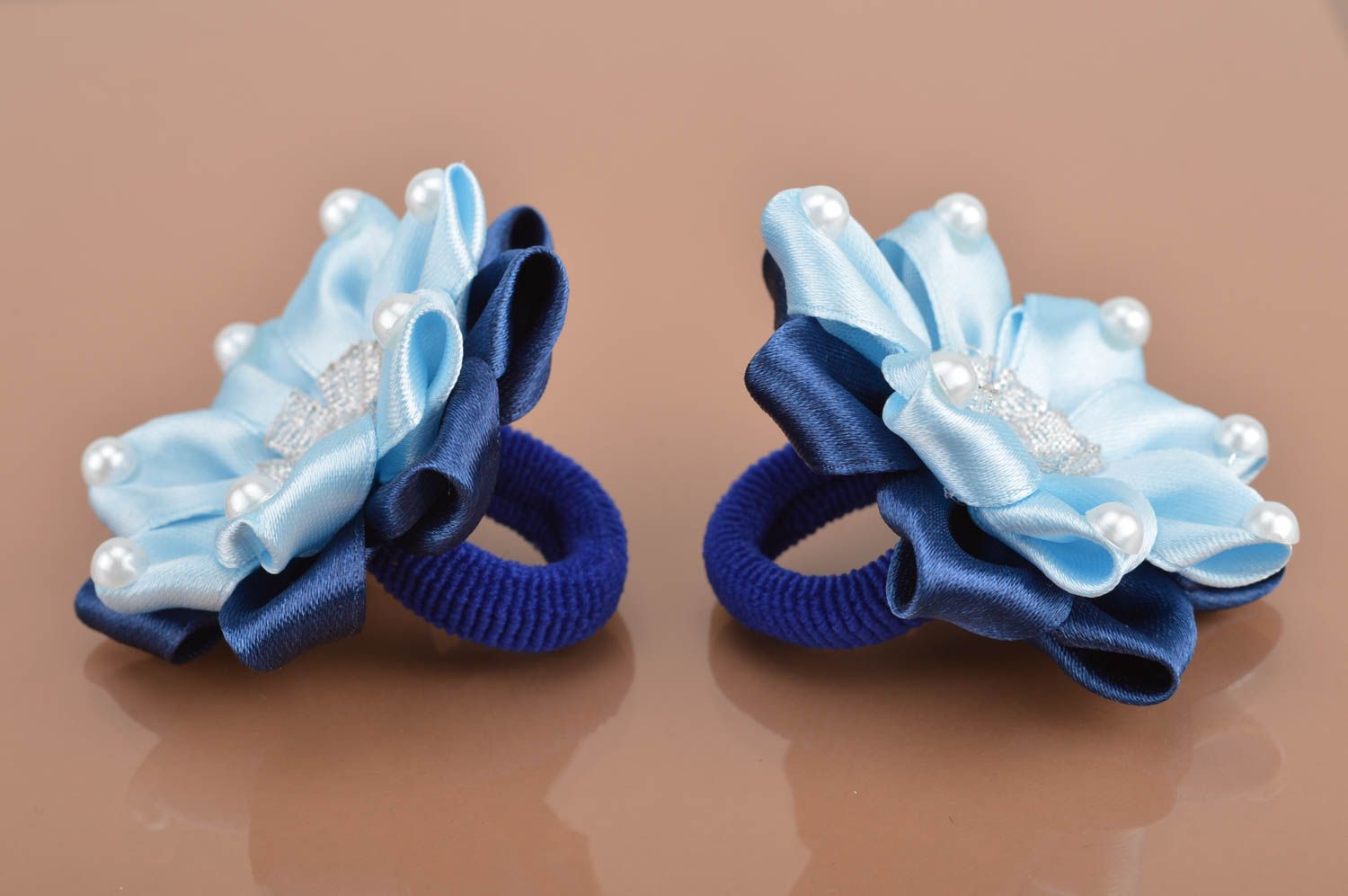 Children's handmade kanzashi scrunchies made of blue ribbons set of 2 pieces  photo 5