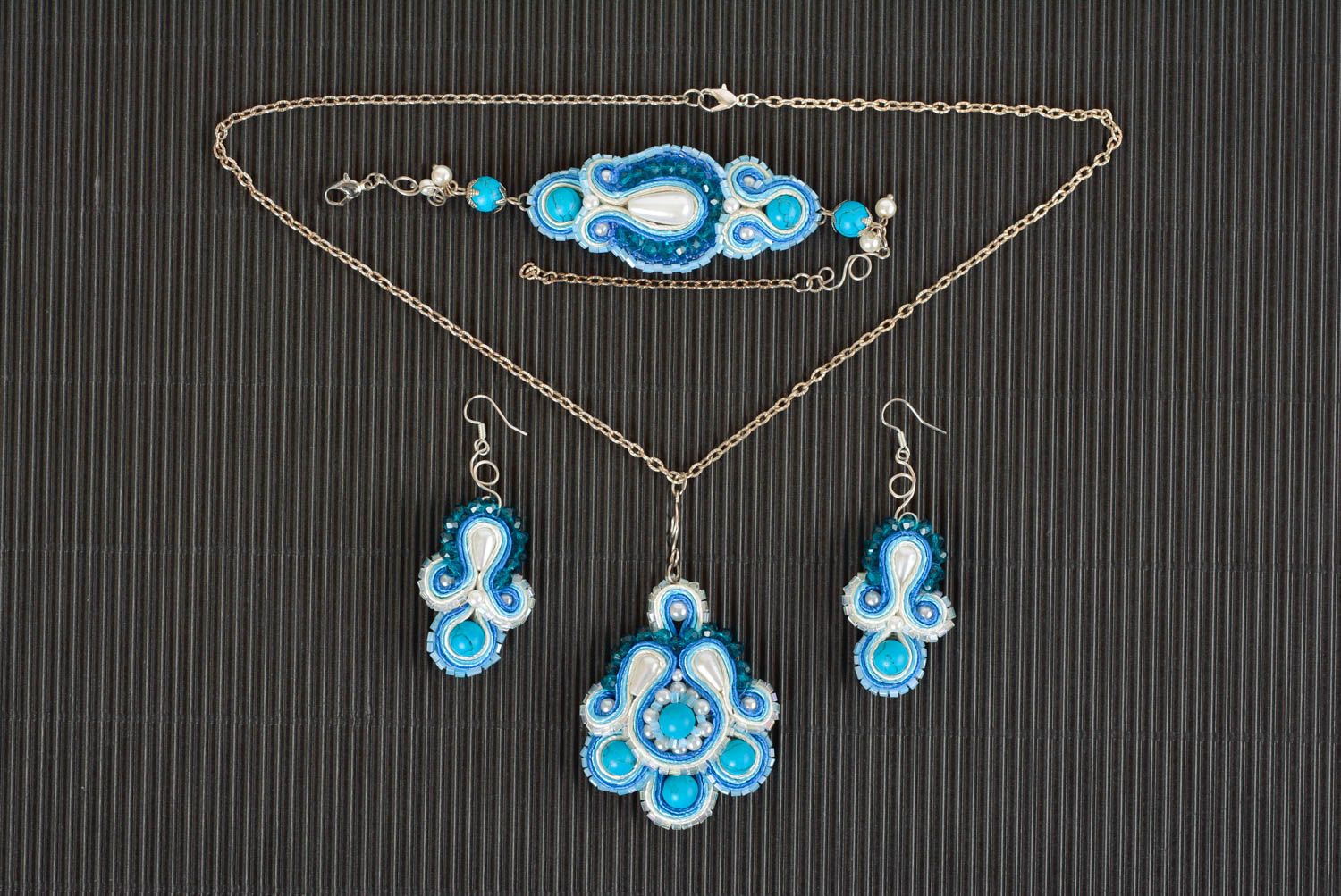 Schmuck Set handmade Halskette und Ohrringe Armband aus Stoff in Blau 3 Stück foto 1